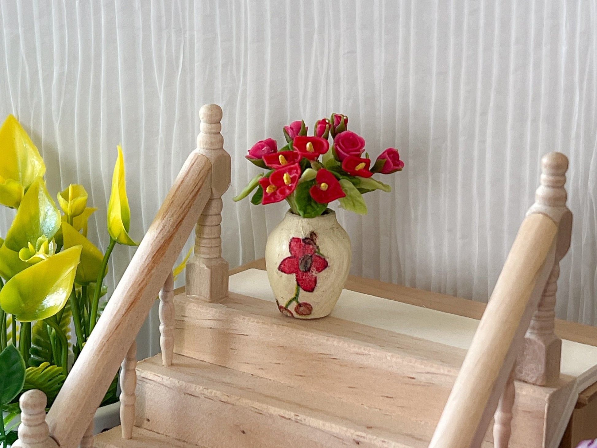 Miniature  Clay Vase with Red Flowers –  1:12 Scale - Yellow Vase for Dollhouse Decor __etsy:5829852043