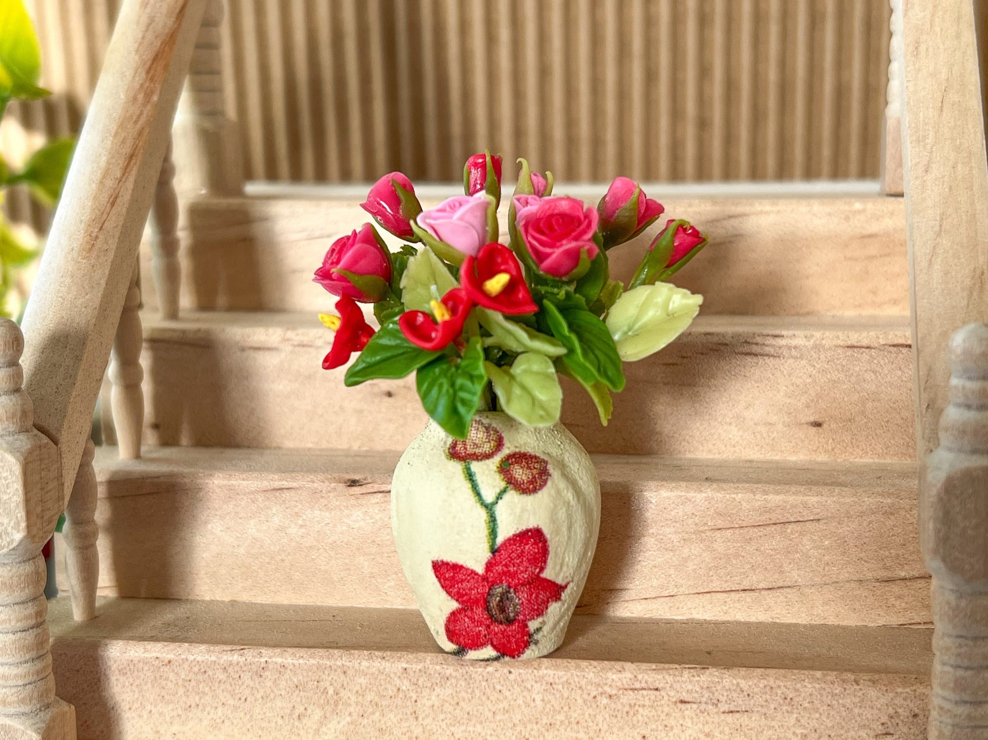 Miniature  Clay Vase with Red Flowers –  1:12 Scale - Yellow Vase for Dollhouse Decor __etsy:5829852123