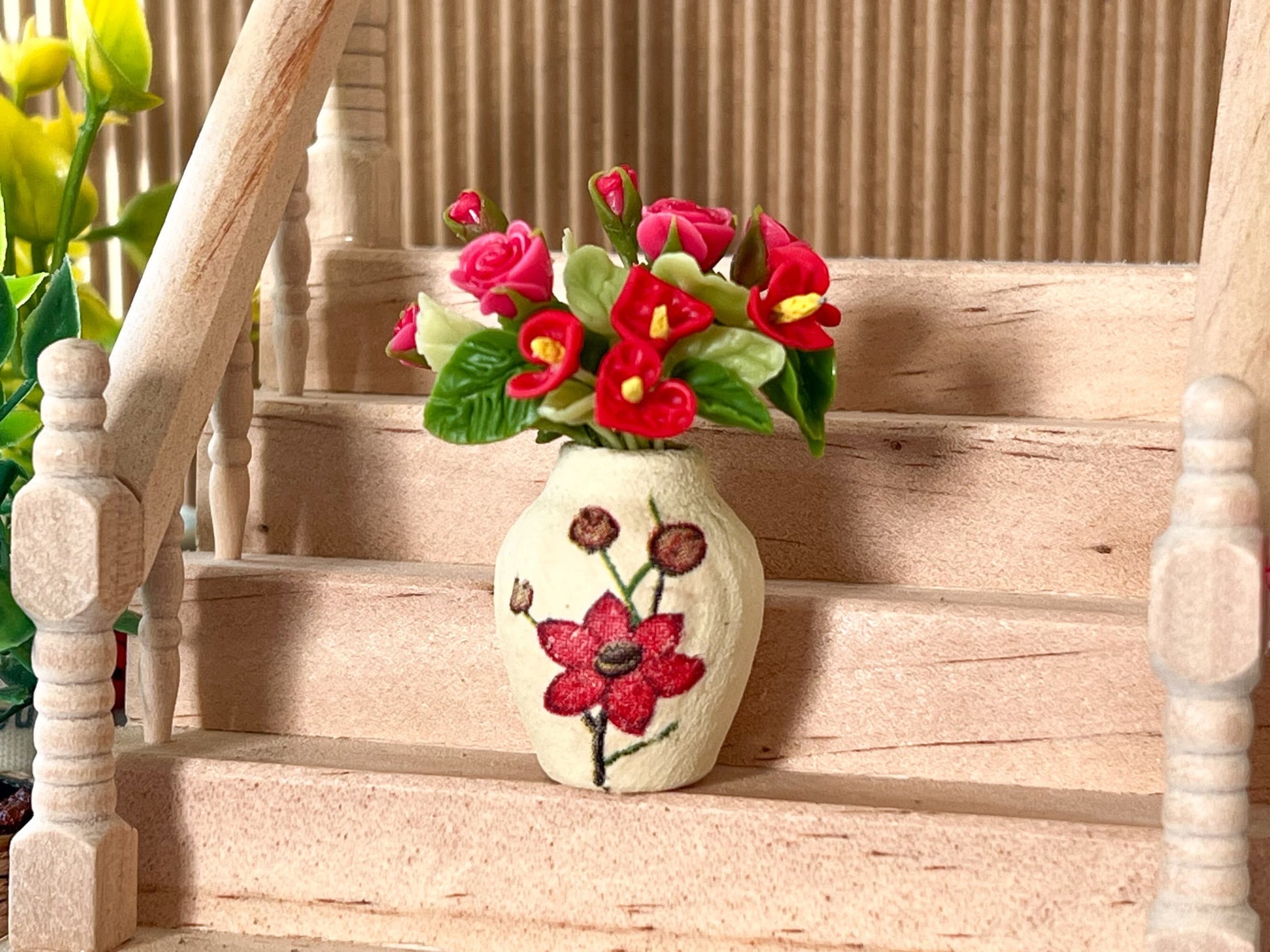 Miniature  Clay Vase with Red Flowers –  1:12 Scale - Yellow Vase for Dollhouse Decor __etsy:5829852207