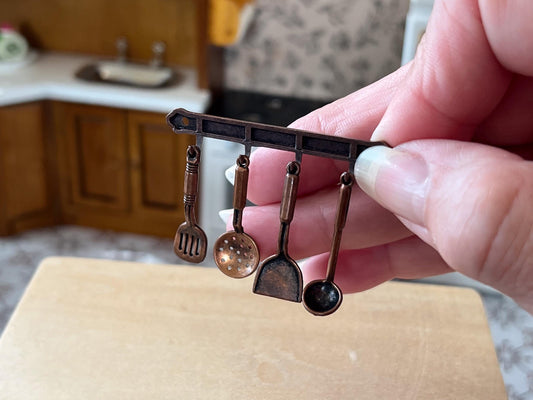 Miniature Copper Kitchen Utensil Set 1:12 Scale – 4 PC Dollhouse Cooking Set with Rack __etsy:6834481404