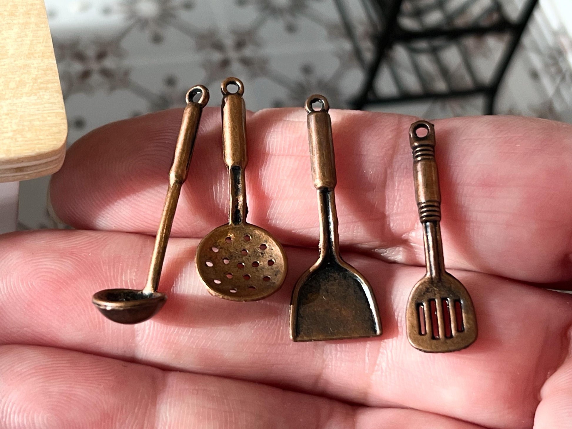 Miniature Copper Kitchen Utensil Set 1:12 Scale – 4 PC Dollhouse Cooking Set with Rack __etsy:6834479086