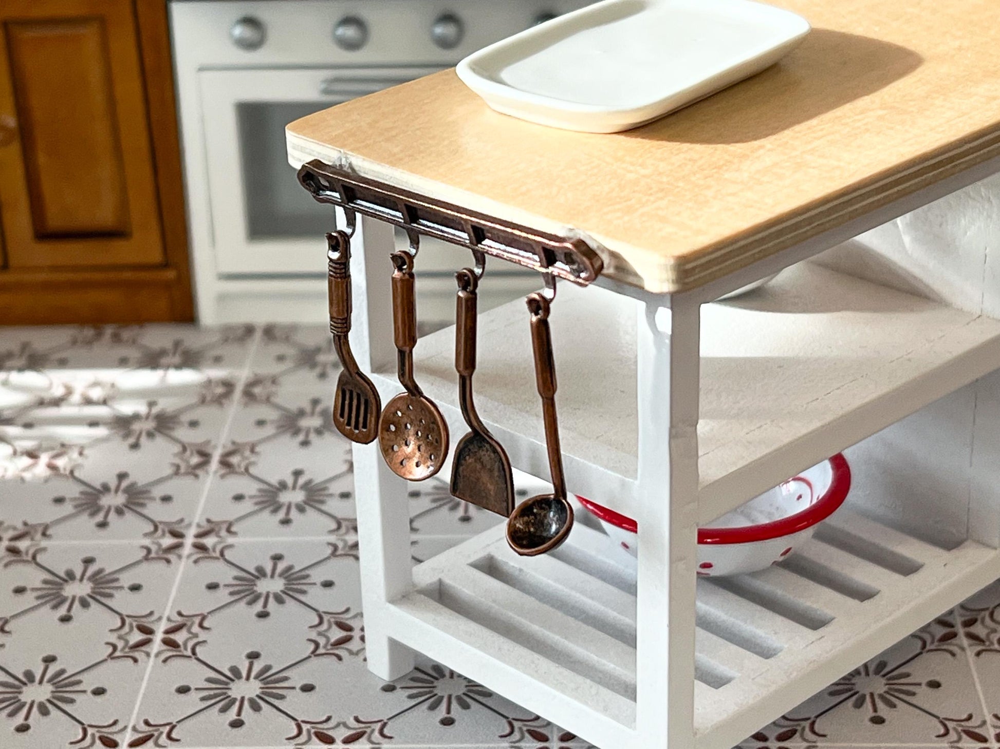 Miniature Copper Kitchen Utensil Set 1:12 Scale – 4 PC Dollhouse Cooking Set with Rack __etsy:6834478968