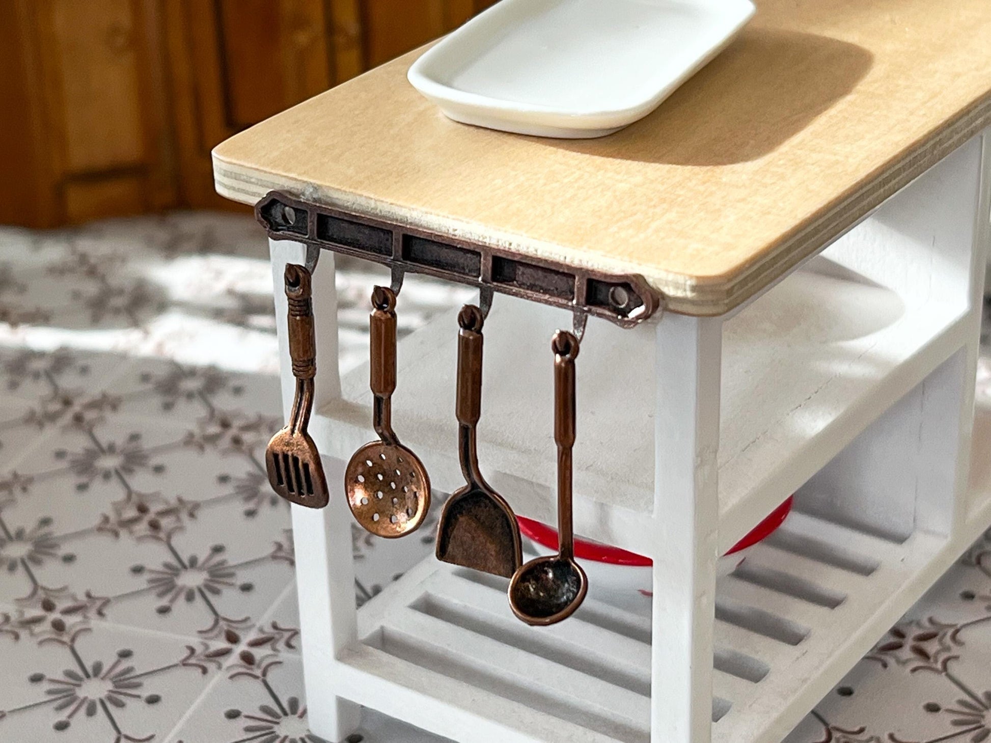 Miniature Copper Kitchen Utensil Set 1:12 Scale – 4 PC Dollhouse Cooking Set with Rack __etsy:6834478964