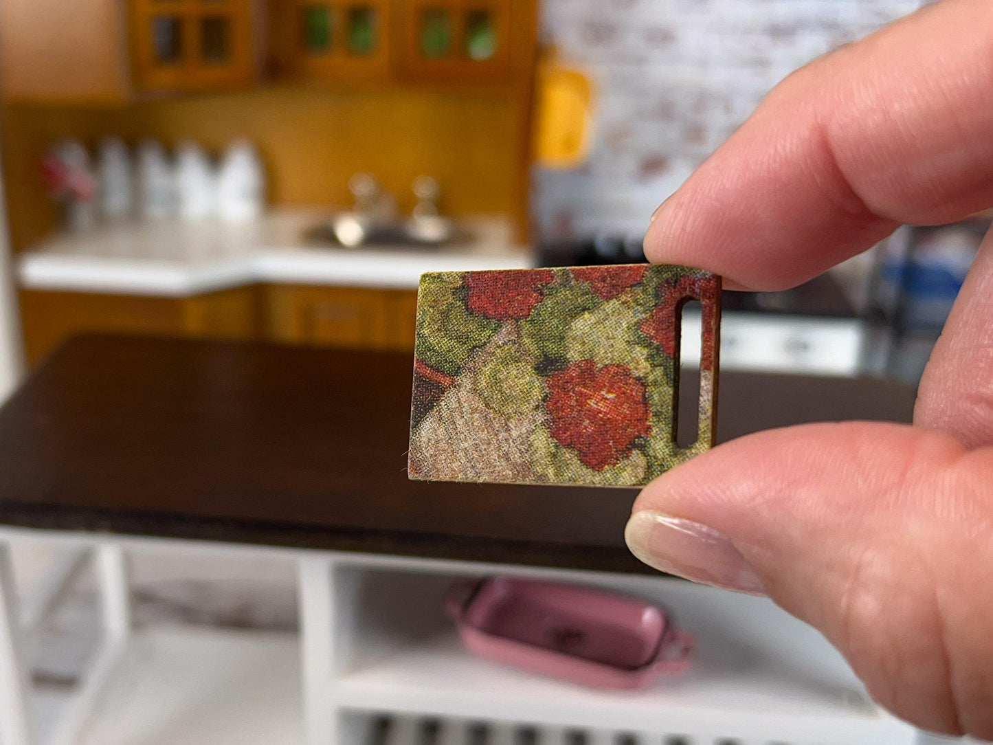 Miniature Cutting Board 1:12 Scale -Wooden Board with Apple & Floral Decoupage for Dollhouse __etsy:7632235267