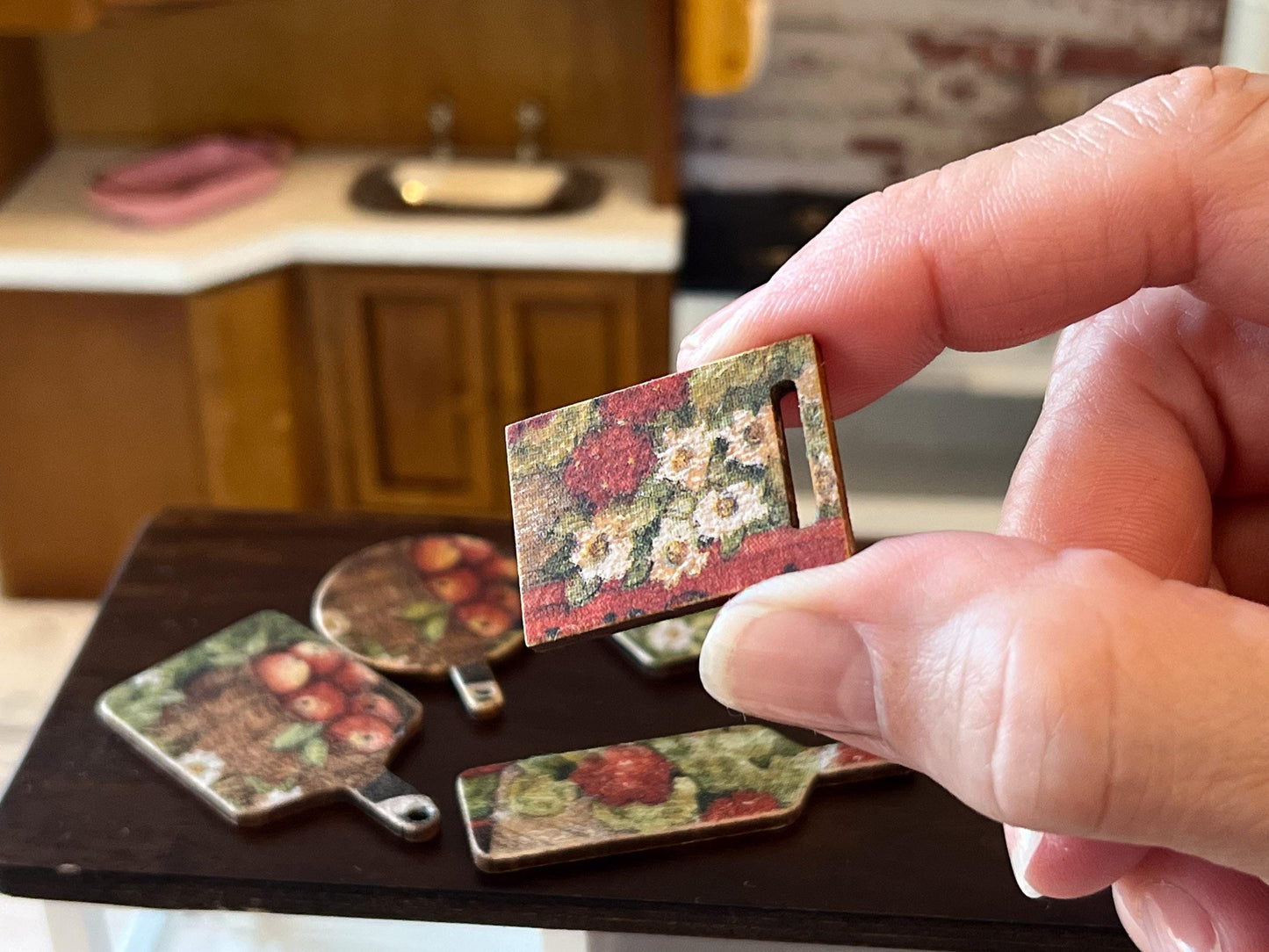 Miniature Cutting Board 1:12 Scale -Wooden Board with Apple & Floral Decoupage for Dollhouse __etsy:7632191121