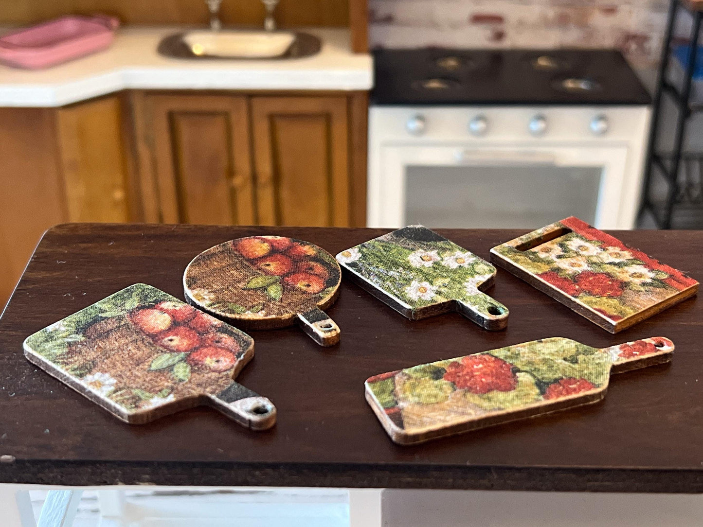 Miniature Cutting Board 1:12 Scale -Wooden Board with Apple & Floral Decoupage for Dollhouse __etsy:7584243358