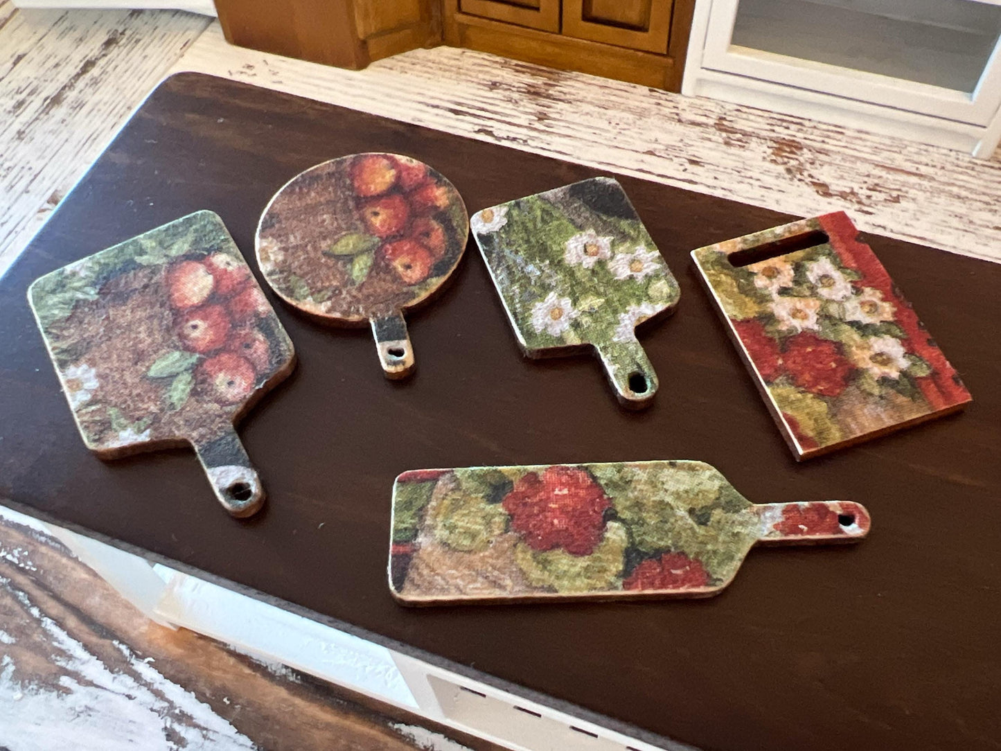 Miniature Cutting Board 1:12 Scale -Wooden Board with Apple & Floral Decoupage for Dollhouse __etsy:7584243338