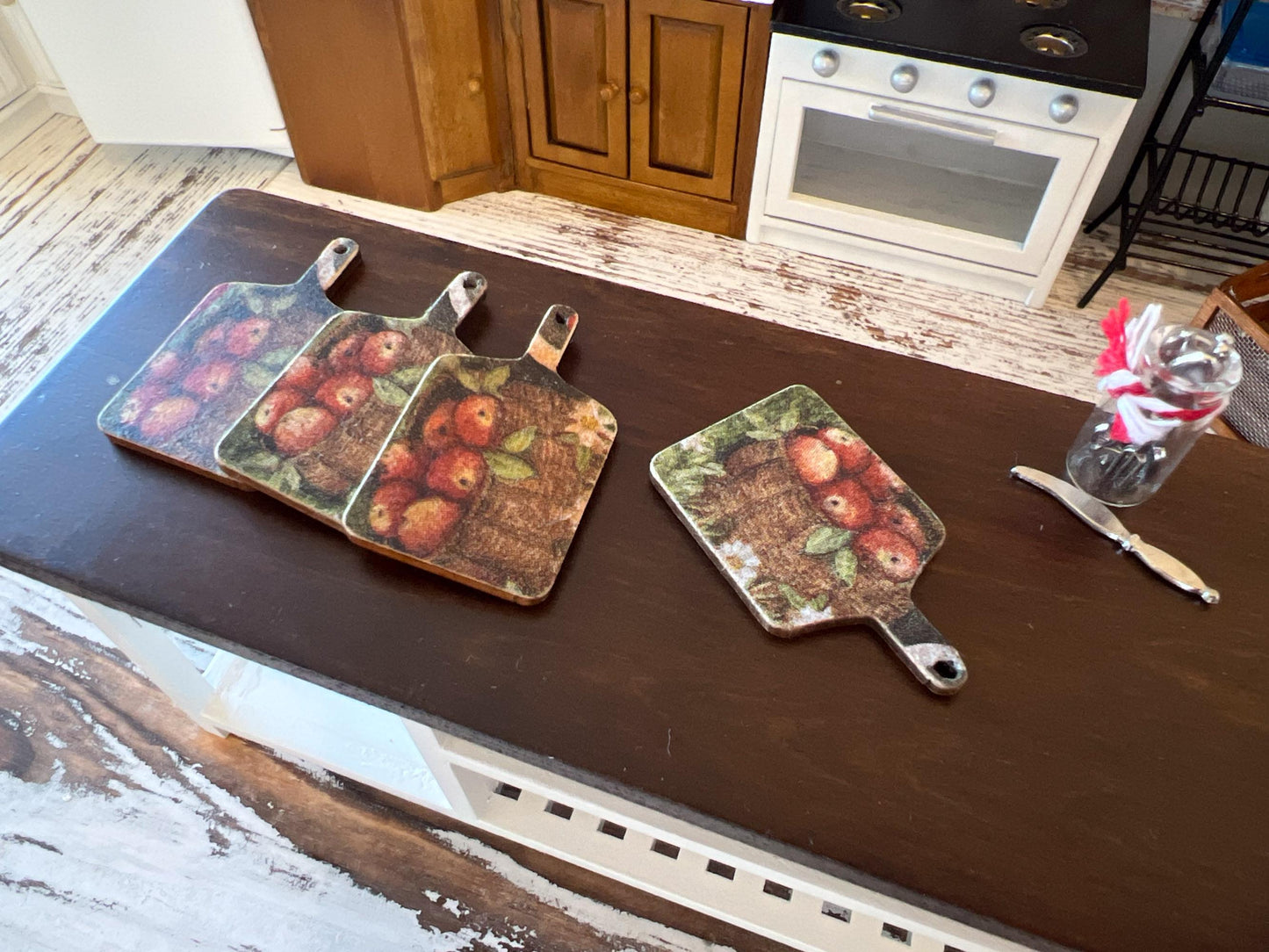 Miniature Cutting Board 1:12 Scale -Wooden Board with Apple & Floral Decoupage for Dollhouse __etsy:7632191107
