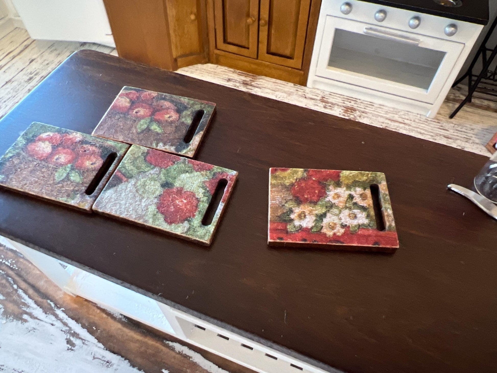 Miniature Cutting Board 1:12 Scale -Wooden Board with Apple & Floral Decoupage for Dollhouse __etsy:7632191119