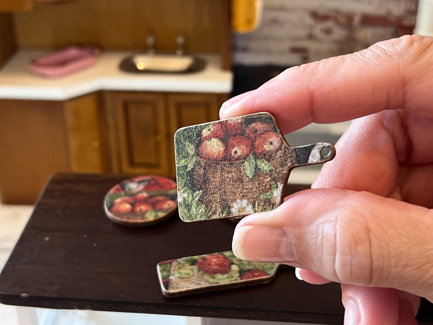 Miniature Cutting Board 1:12 Scale -Wooden Board with Apple & Floral Decoupage for Dollhouse __etsy:7584243360