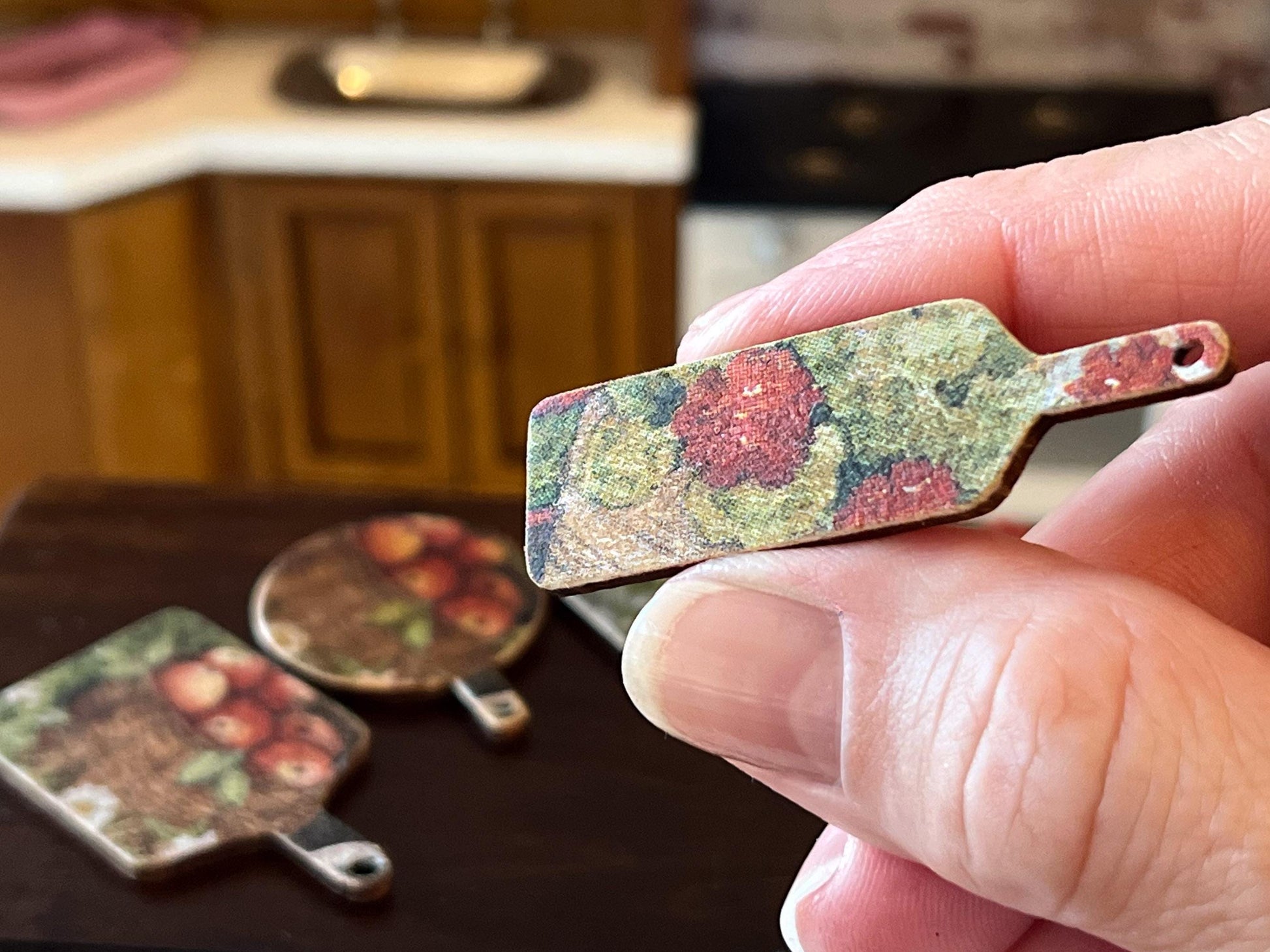Miniature Cutting Board 1:12 Scale -Wooden Board with Apple & Floral Decoupage for Dollhouse __etsy:7584243324