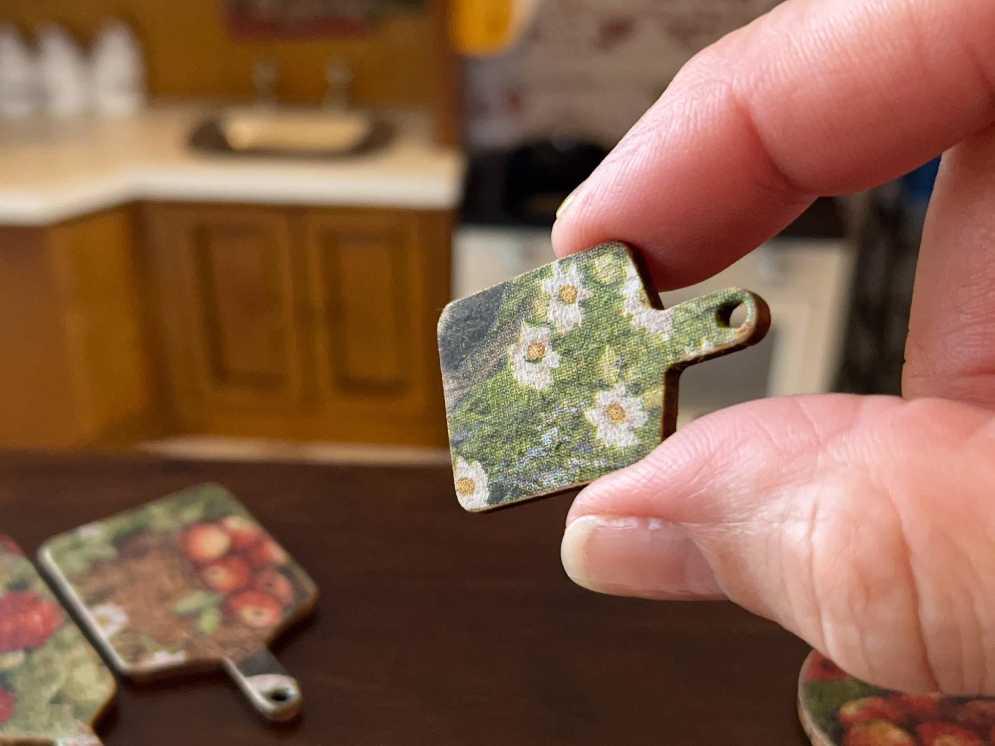 Miniature Cutting Board 1:12 Scale -Wooden Board with Apple & Floral Decoupage for Dollhouse __etsy:7632191157