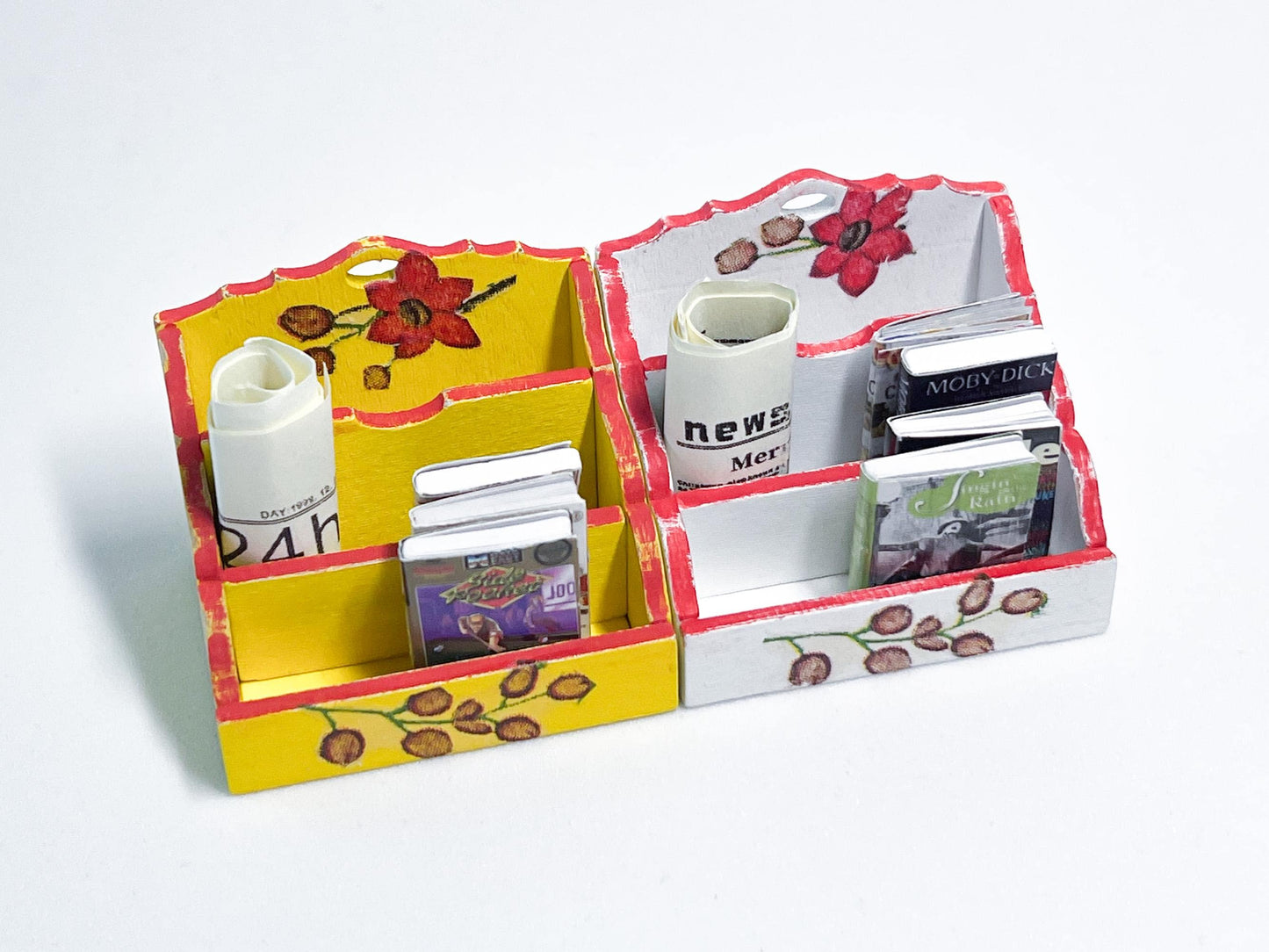 Miniature Desktop Organizer – 1:12 Scale Dollhouse Storage Rack – White & Yellow with Red Floral Decoupage __etsy:6402362528