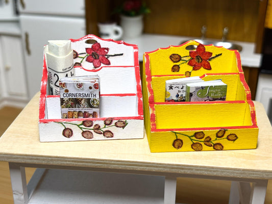 Miniature Desktop Organizer – 1:12 Scale Dollhouse Storage Rack – White & Yellow with Red Floral Decoupage __etsy:6450452317