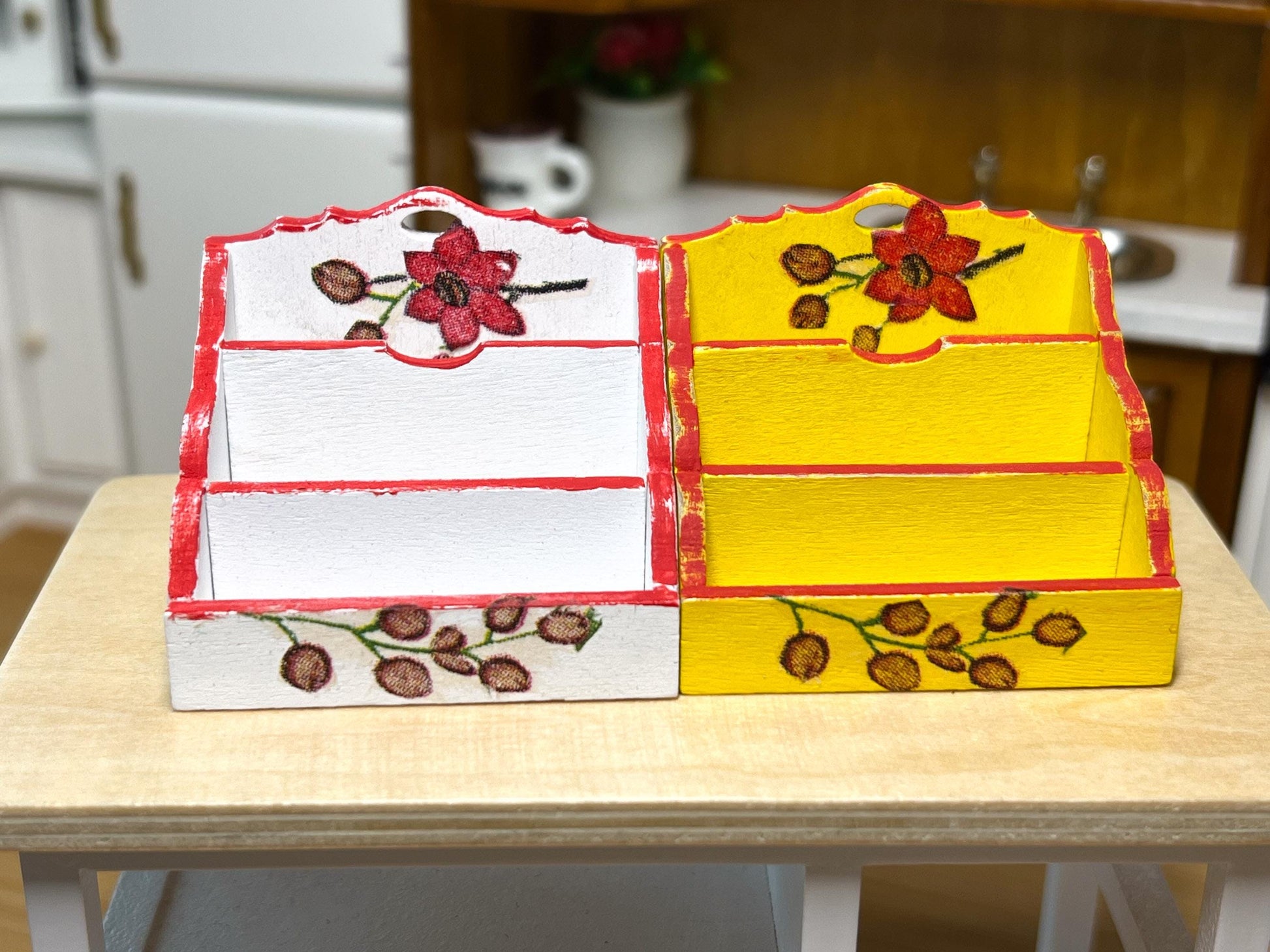 Miniature Desktop Organizer – 1:12 Scale Dollhouse Storage Rack – White & Yellow with Red Floral Decoupage __etsy:6402361980