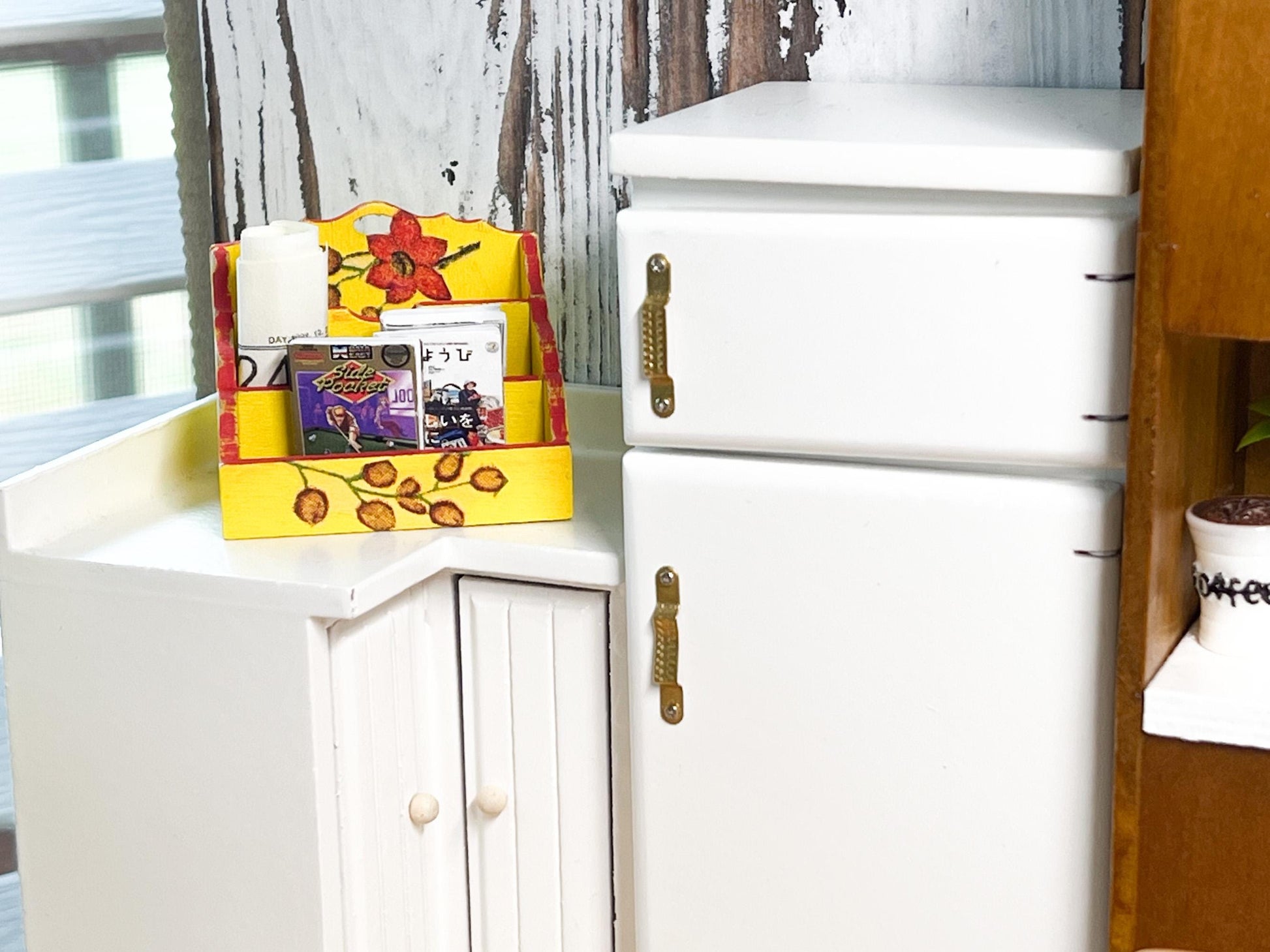 Miniature Desktop Organizer – 1:12 Scale Dollhouse Storage Rack – White & Yellow with Red Floral Decoupage __etsy:6450452309
