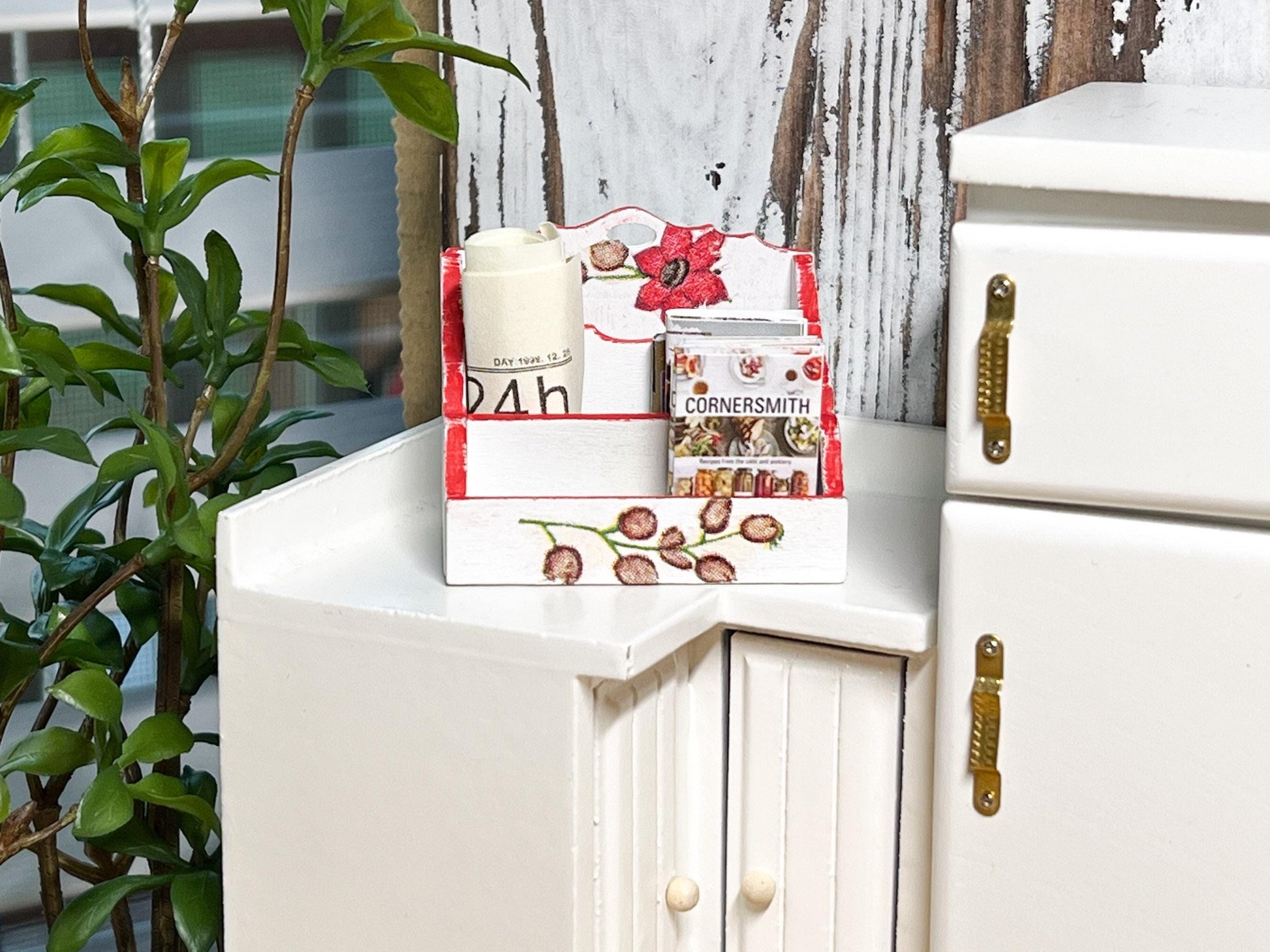 Miniature Desktop Organizer – 1:12 Scale Dollhouse Storage Rack – White & Yellow with Red Floral Decoupage __etsy:6402361960