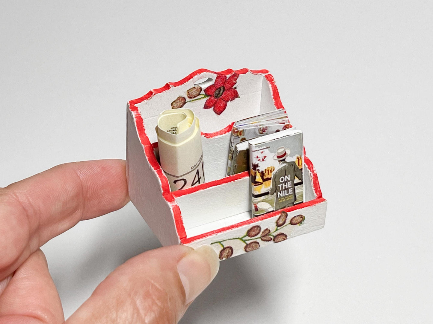 Miniature Desktop Organizer – 1:12 Scale Dollhouse Storage Rack – White & Yellow with Red Floral Decoupage __etsy:6450452313