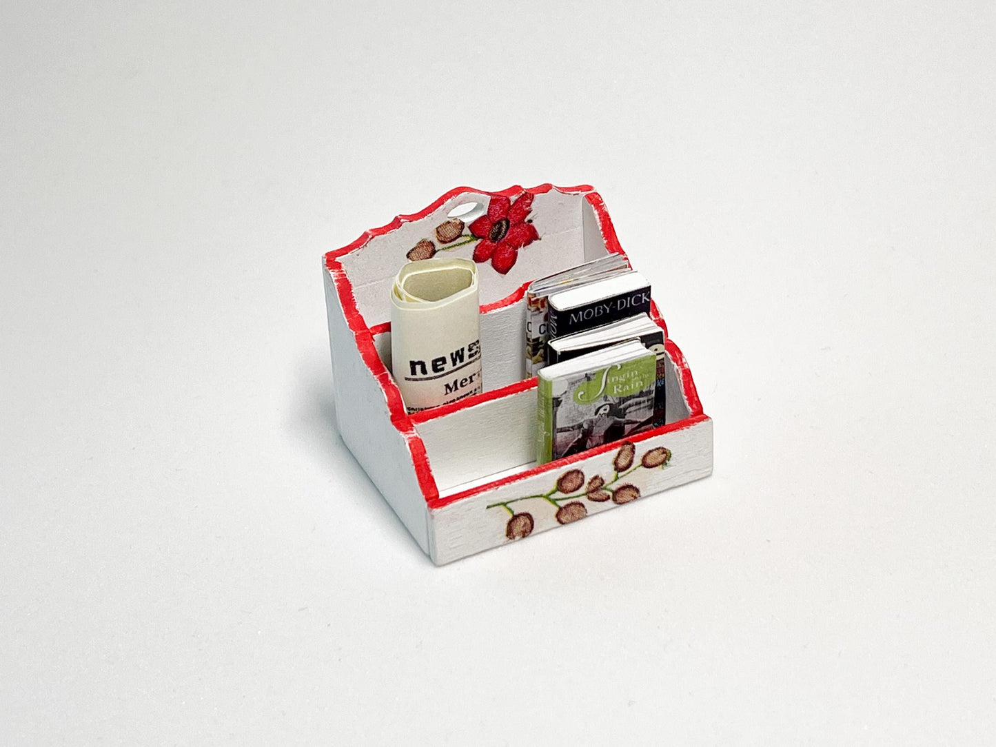 Miniature Desktop Organizer – 1:12 Scale Dollhouse Storage Rack – White & Yellow with Red Floral Decoupage __etsy:6402362512