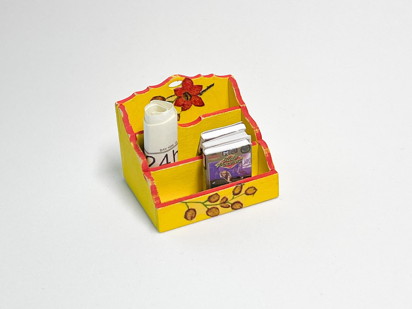 Miniature Desktop Organizer – 1:12 Scale Dollhouse Storage Rack – White & Yellow with Red Floral Decoupage __etsy:6402362508