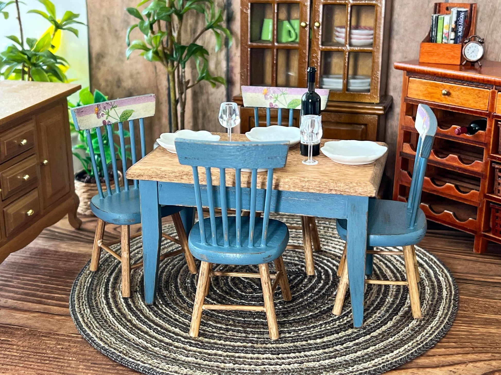 Miniature Dining Room Set 1:12 – Dollhouse Furniture Blue Distress Table & Chairs __etsy:6951931684