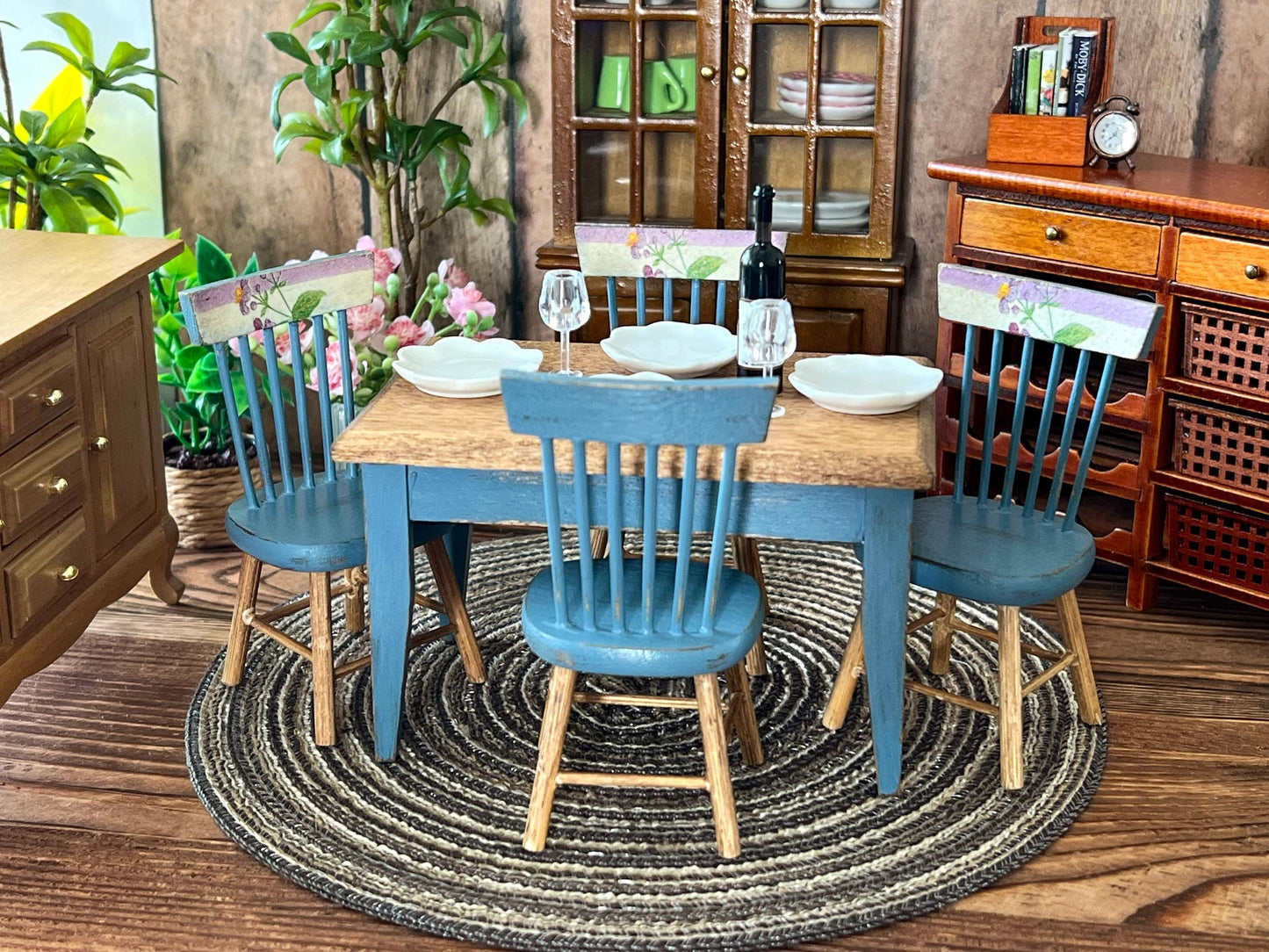 Miniature Dining Room Set 1:12 – Dollhouse Furniture Blue Distress Table & Chairs __etsy:6951931688