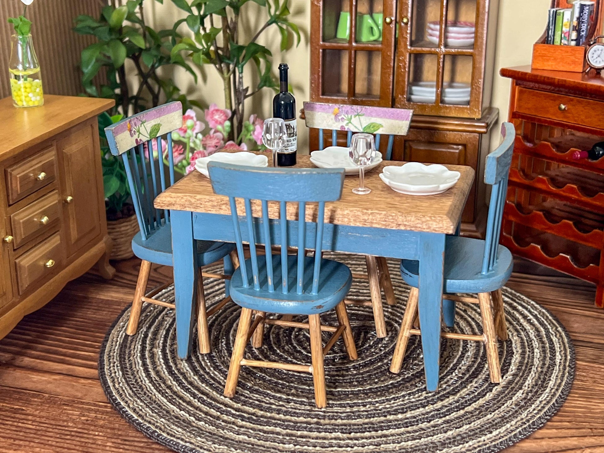 Miniature Dining Room Set 1:12 – Dollhouse Furniture Blue Distress Table & Chairs __etsy:6999902063