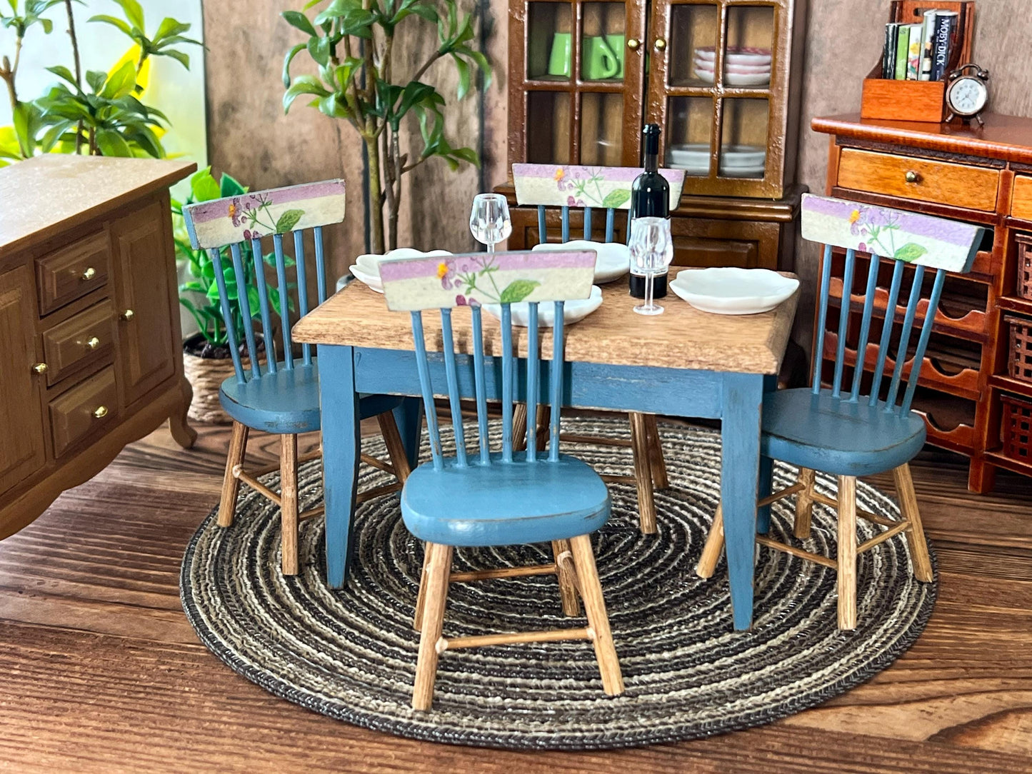 Miniature Dining Room Set 1:12 – Dollhouse Furniture Blue Distress Table & Chairs __etsy:6951931668