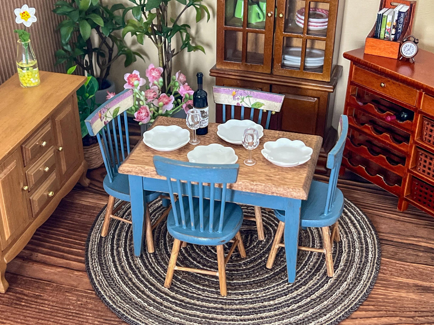 Miniature Dining Room Set 1:12 – Dollhouse Furniture Blue Distress Table & Chairs __etsy:6999902255