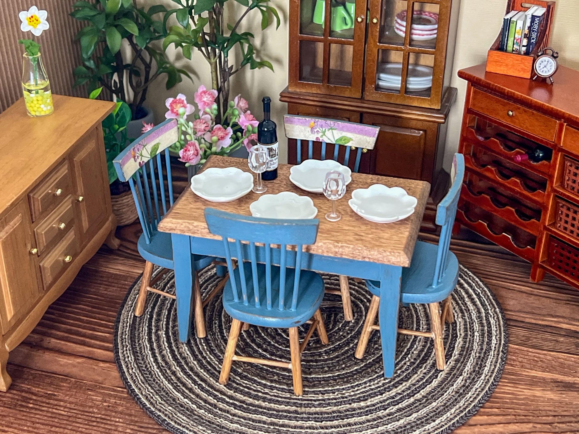 Miniature Dining Room Set 1:12 – Dollhouse Furniture Blue Distress Table & Chairs __etsy:6999902255