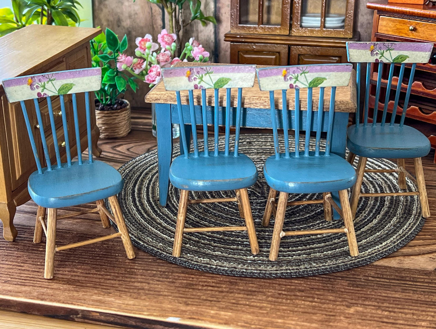 Miniature Dining Room Set 1:12 – Dollhouse Furniture Blue Distress Table & Chairs __etsy:6951931686