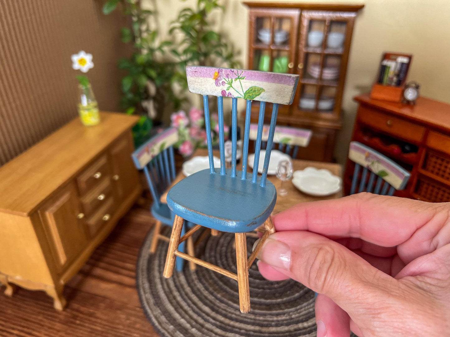 Miniature Dining Room Set 1:12 – Dollhouse Furniture Blue Distress Table & Chairs __etsy:6999902239