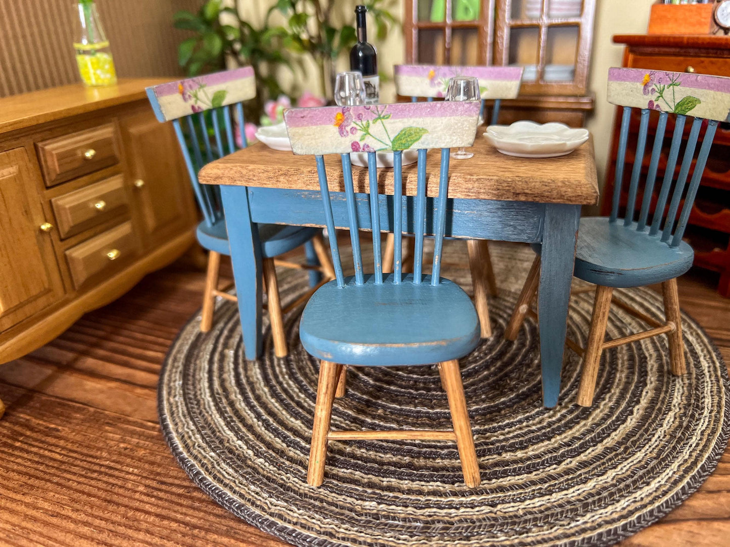 Miniature Dining Room Set 1:12 – Dollhouse Furniture Blue Distress Table & Chairs __etsy:6951931876