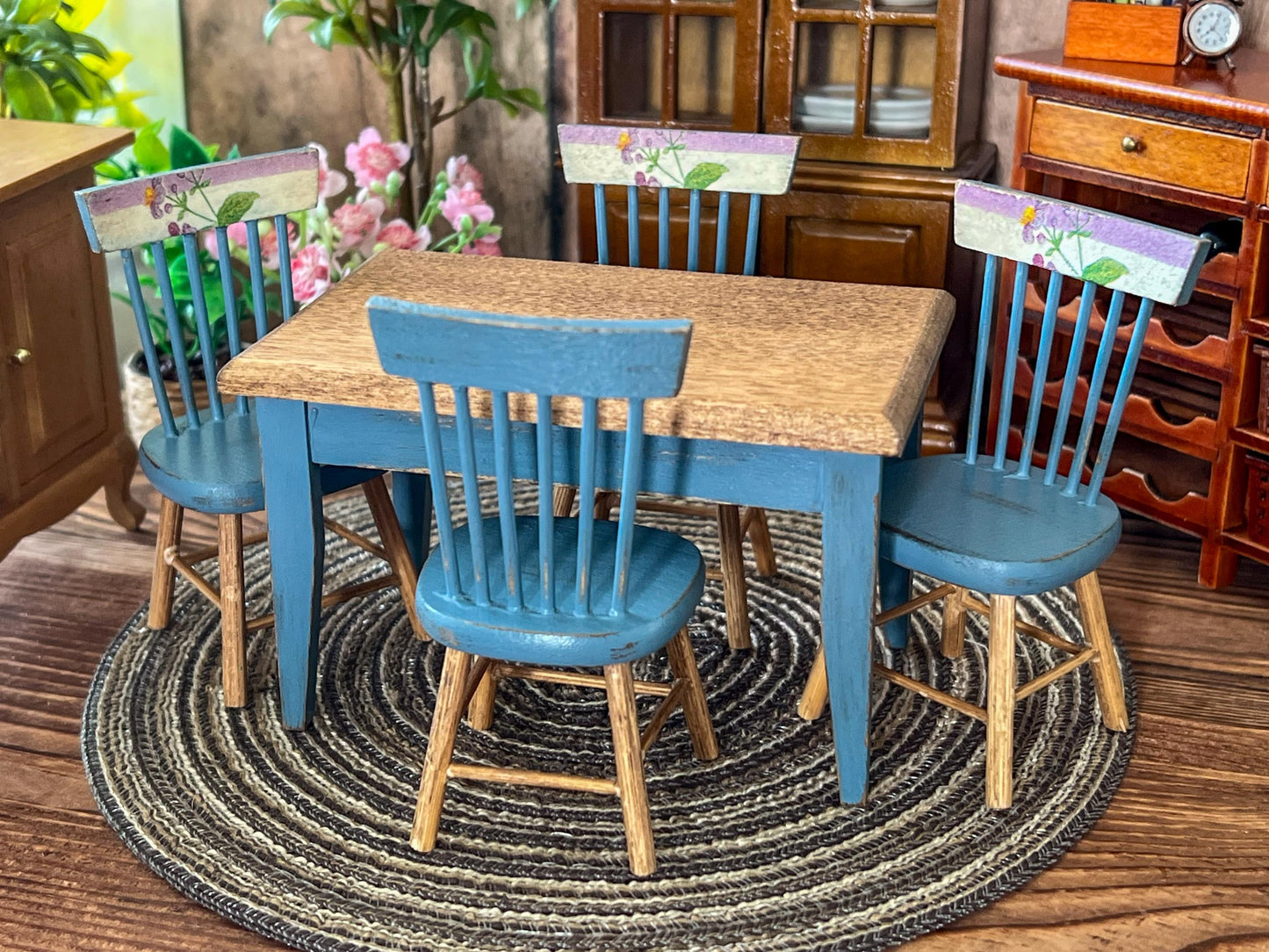 Miniature Dining Room Set 1:12 – Dollhouse Furniture Blue Distress Table & Chairs __etsy:6999902071