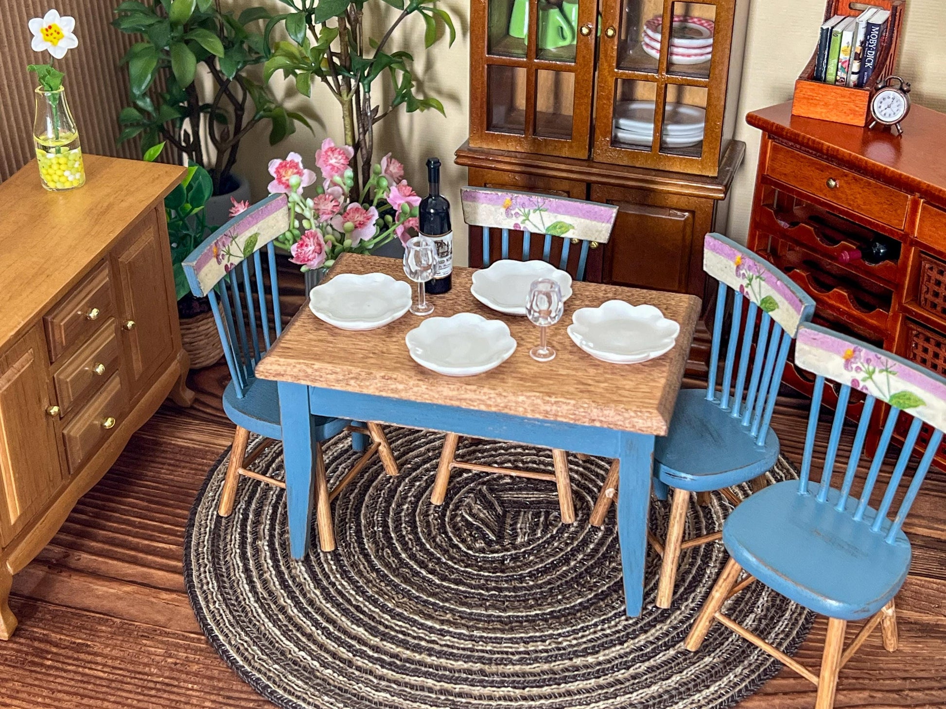 Miniature Dining Room Set 1:12 – Dollhouse Furniture Blue Distress Table & Chairs __etsy:6999902281