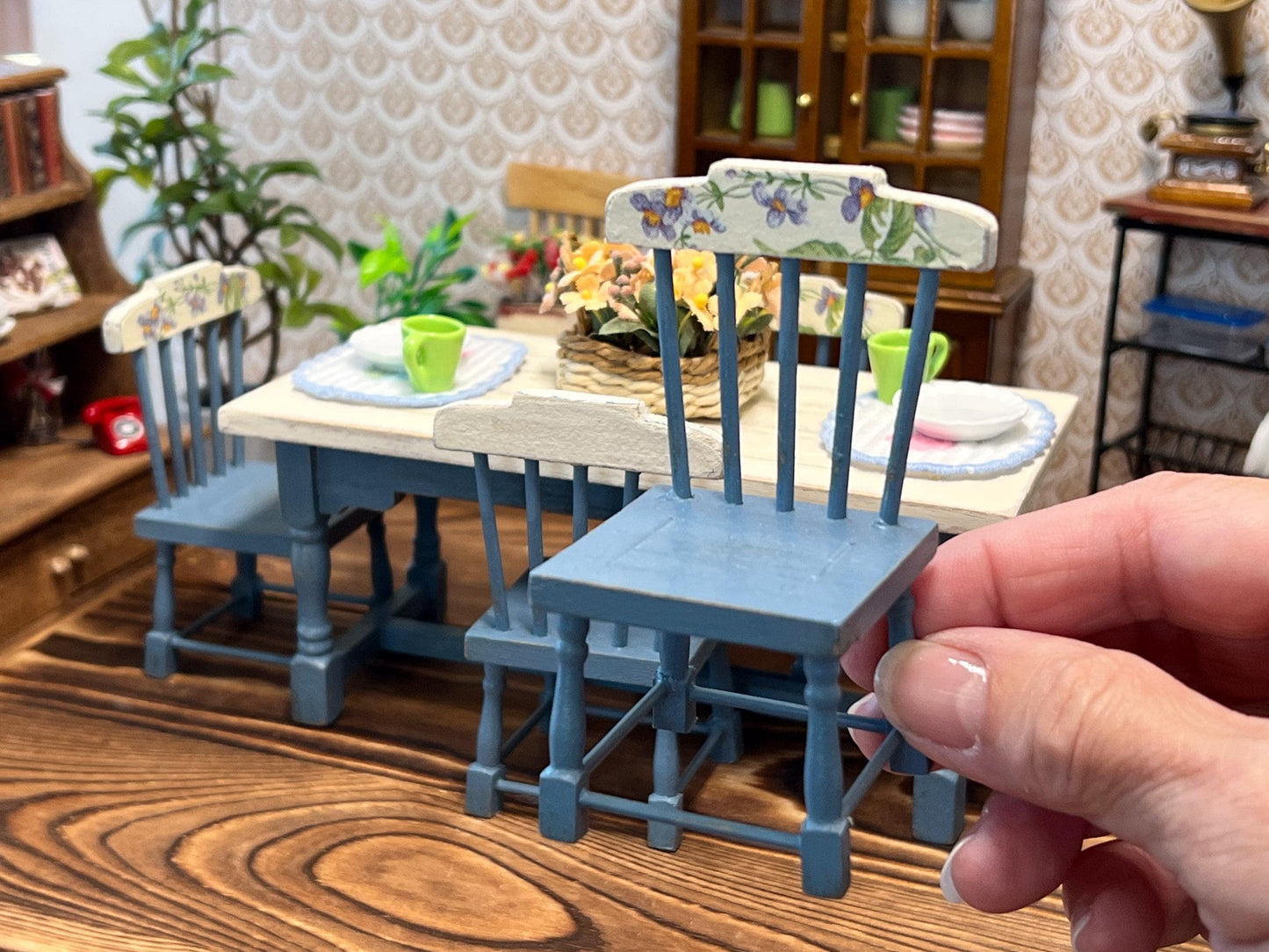 Miniature Dining Room Set 1:12 Scale – Blue Distressed Table & Chairs for Dollhouses __etsy:7626092375