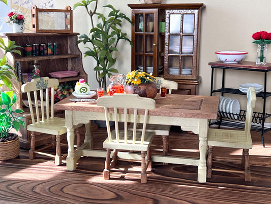 Miniature Dining Room Set – 1:12 Scale, Dollhouse Distressed Yellow Table & Chair Furniture __etsy:6827338702