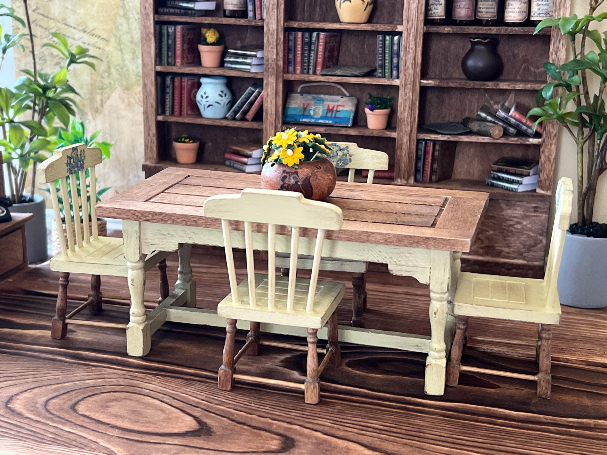 Miniature Dining Room Set – 1:12 Scale, Dollhouse Distressed Yellow Table & Chair Furniture __etsy:6827339494