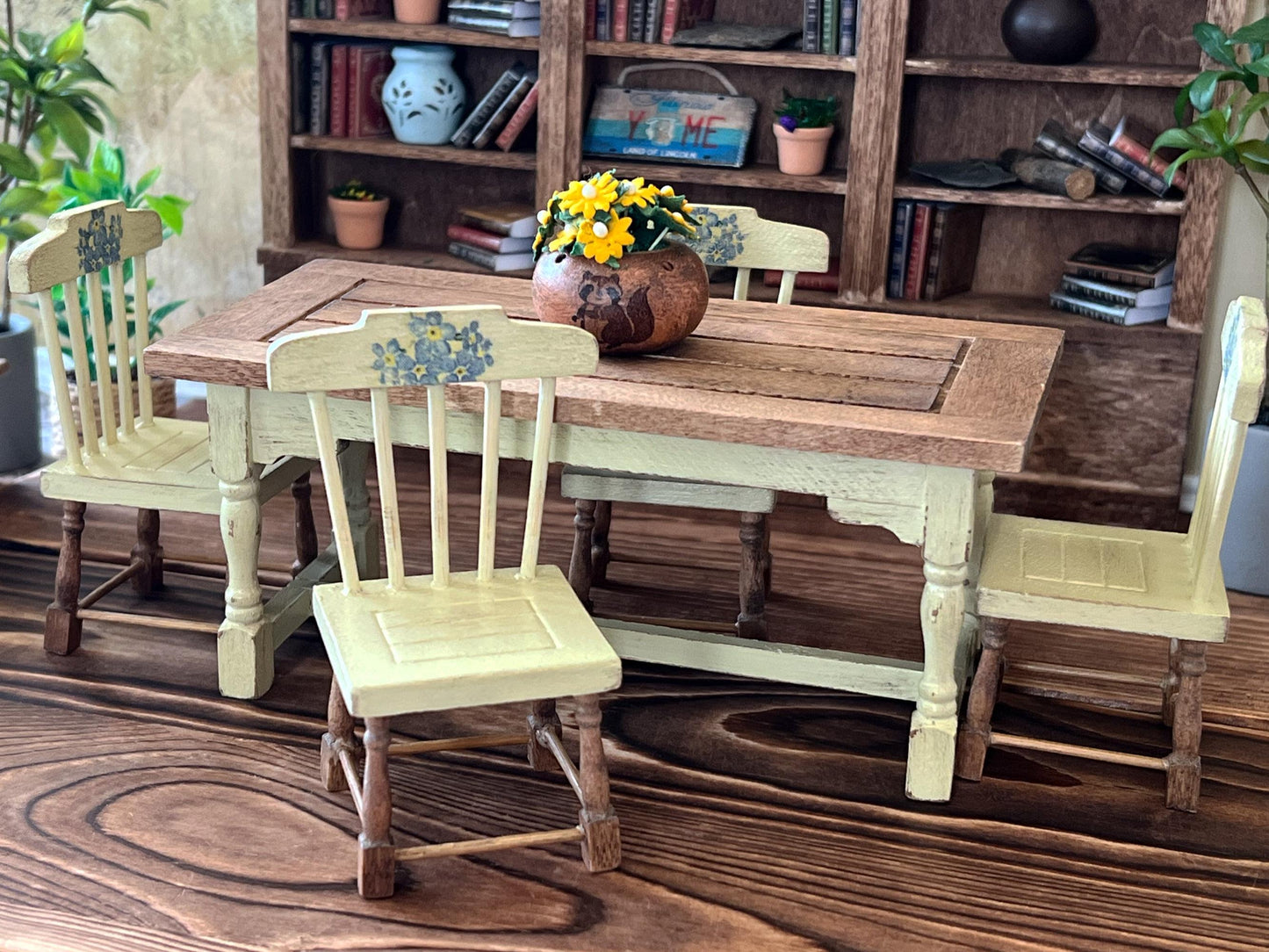 Miniature Dining Room Set – 1:12 Scale, Dollhouse Distressed Yellow Table & Chair Furniture __etsy:6875313235