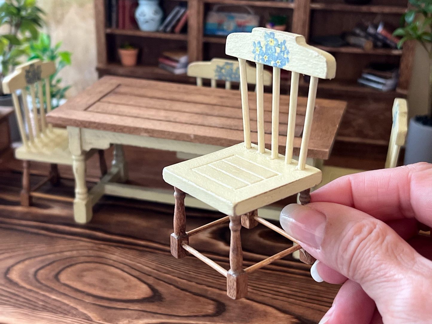 Miniature Dining Room Set – 1:12 Scale, Dollhouse Distressed Yellow Table & Chair Furniture __etsy:6827338574