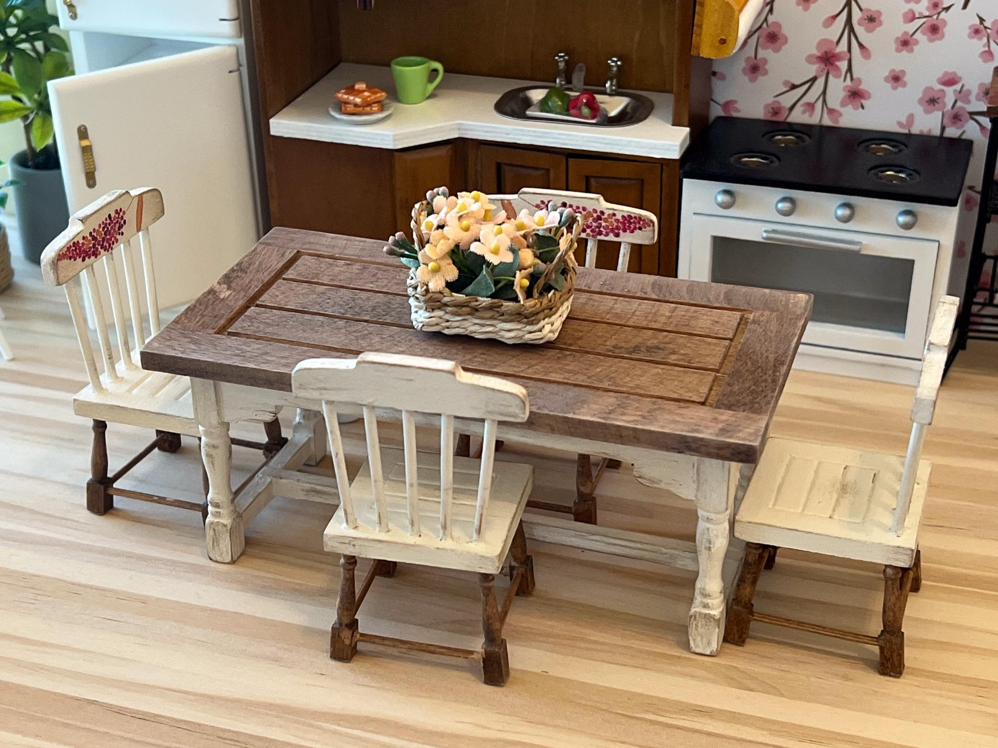 Miniature Dining Room Set 1:12 Scale – Dollhouse Furniture - Beige Distressed Table & Chairs __etsy:8047040313