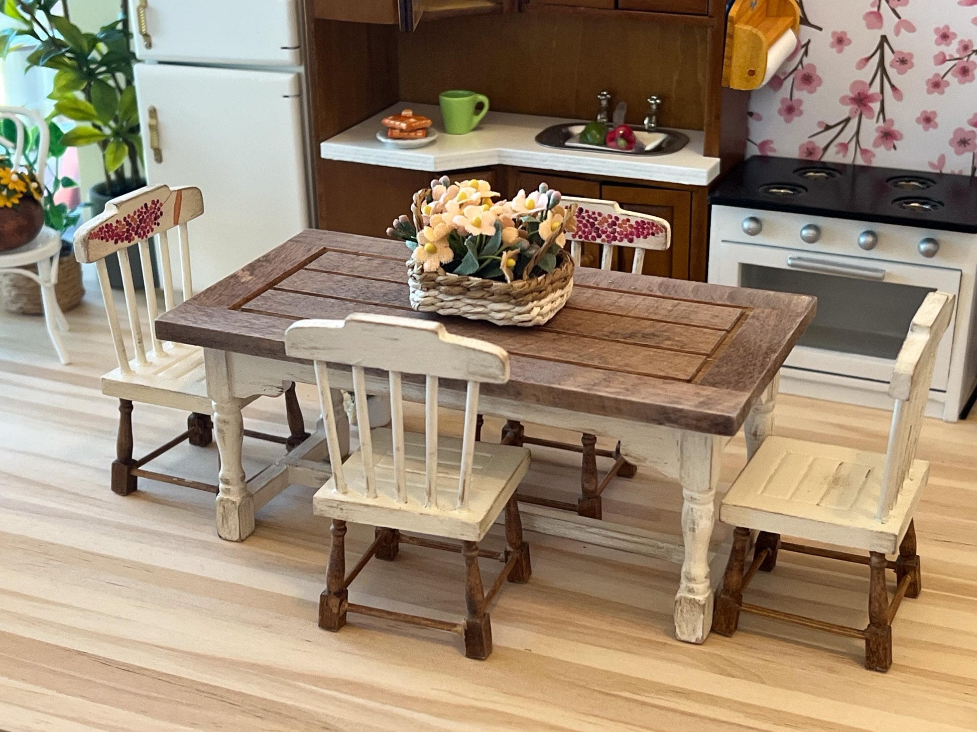 Miniature Dining Room Set 1:12 Scale – Dollhouse Furniture - Beige Distressed Table & Chairs __etsy:8047039855