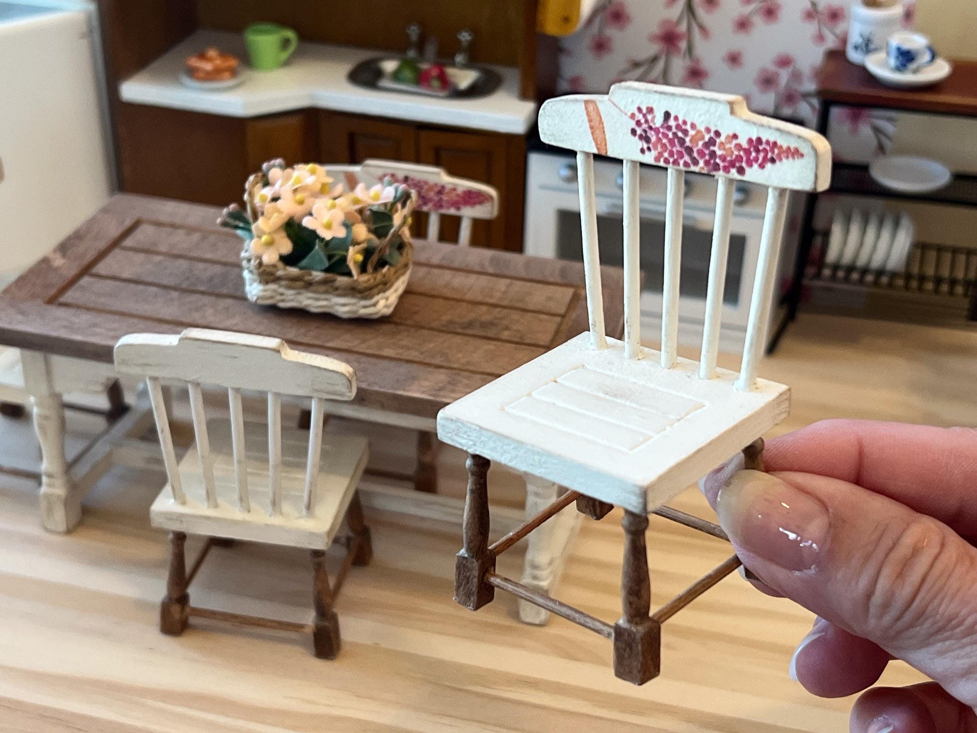Miniature Dining Room Set 1:12 Scale – Dollhouse Furniture - Beige Distressed Table & Chairs __etsy:8047040297