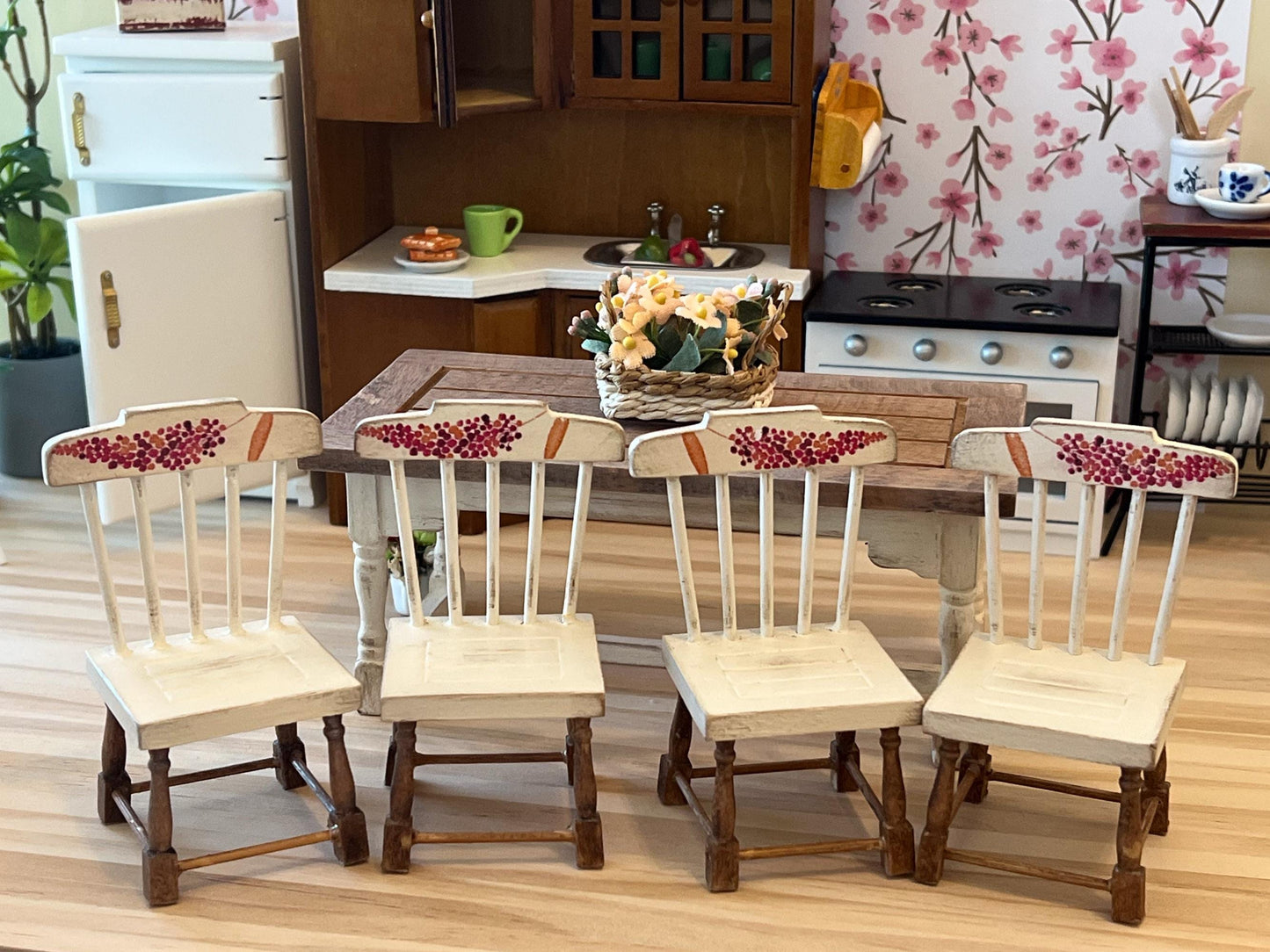 Miniature Dining Room Set 1:12 Scale – Dollhouse Furniture - Beige Distressed Table & Chairs __etsy:8047040315