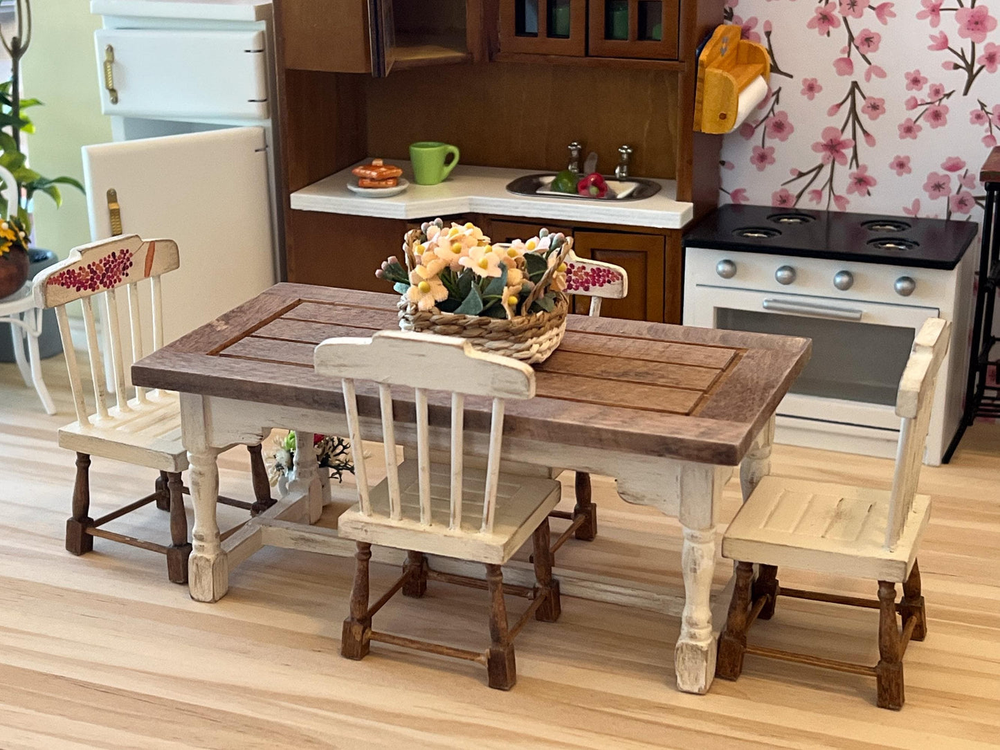Miniature Dining Room Set 1:12 Scale – Dollhouse Furniture - Beige Distressed Table & Chairs __etsy:8047040307