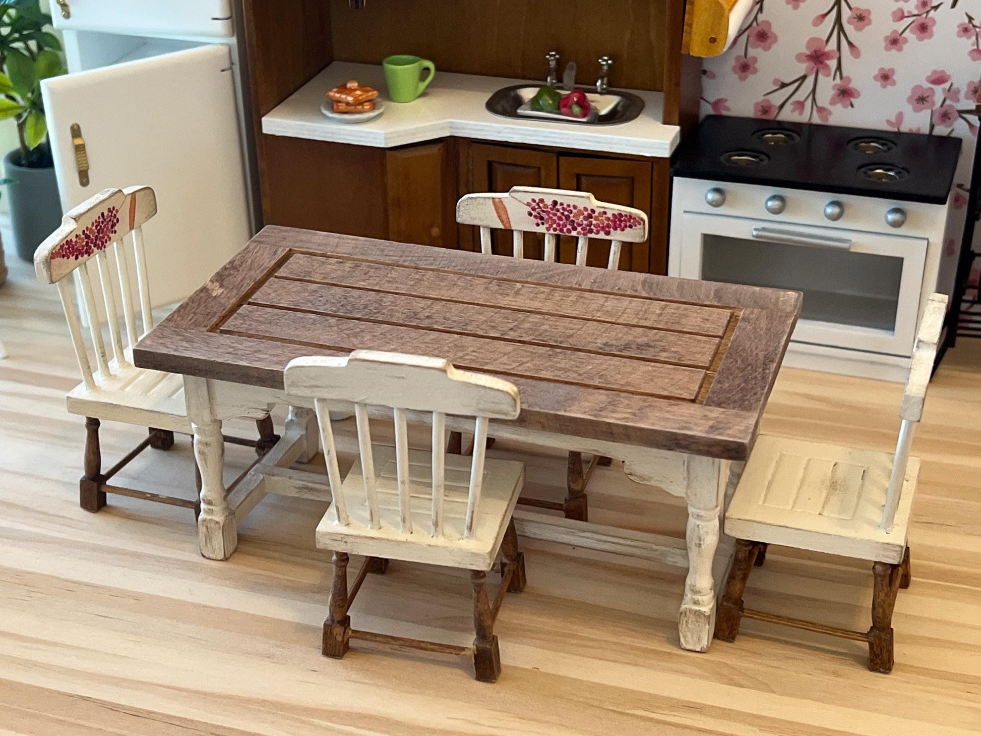 Miniature Dining Room Set 1:12 Scale – Dollhouse Furniture - Beige Distressed Table & Chairs __etsy:8047040321