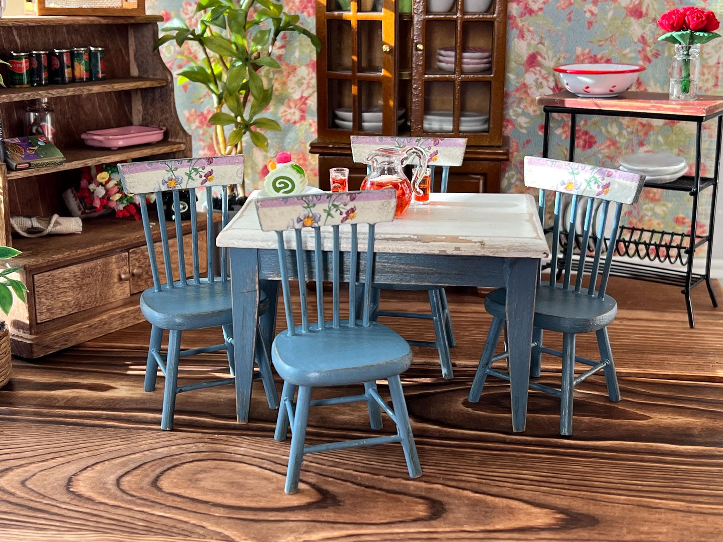 Miniature Dining Room Set 1:12 Scale - Dollhouse Furniture Blue Distress Table & Chairs __etsy:6875453043