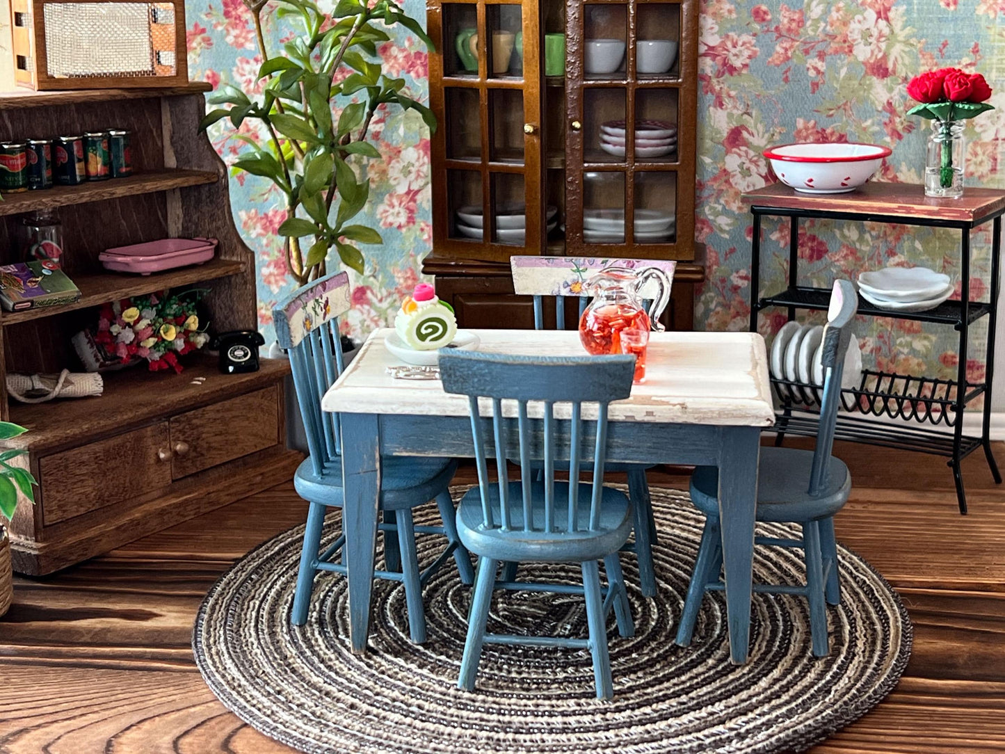 Miniature Dining Room Set 1:12 Scale - Dollhouse Furniture Blue Distress Table & Chairs __etsy:6875453123