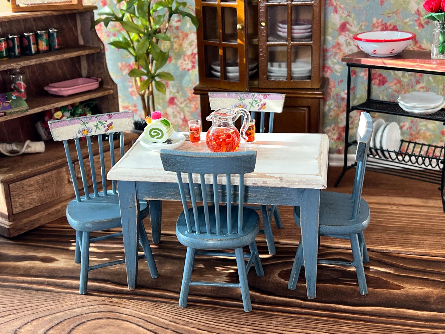 Miniature Dining Room Set 1:12 Scale - Dollhouse Furniture Blue Distress Table & Chairs __etsy:6827479308