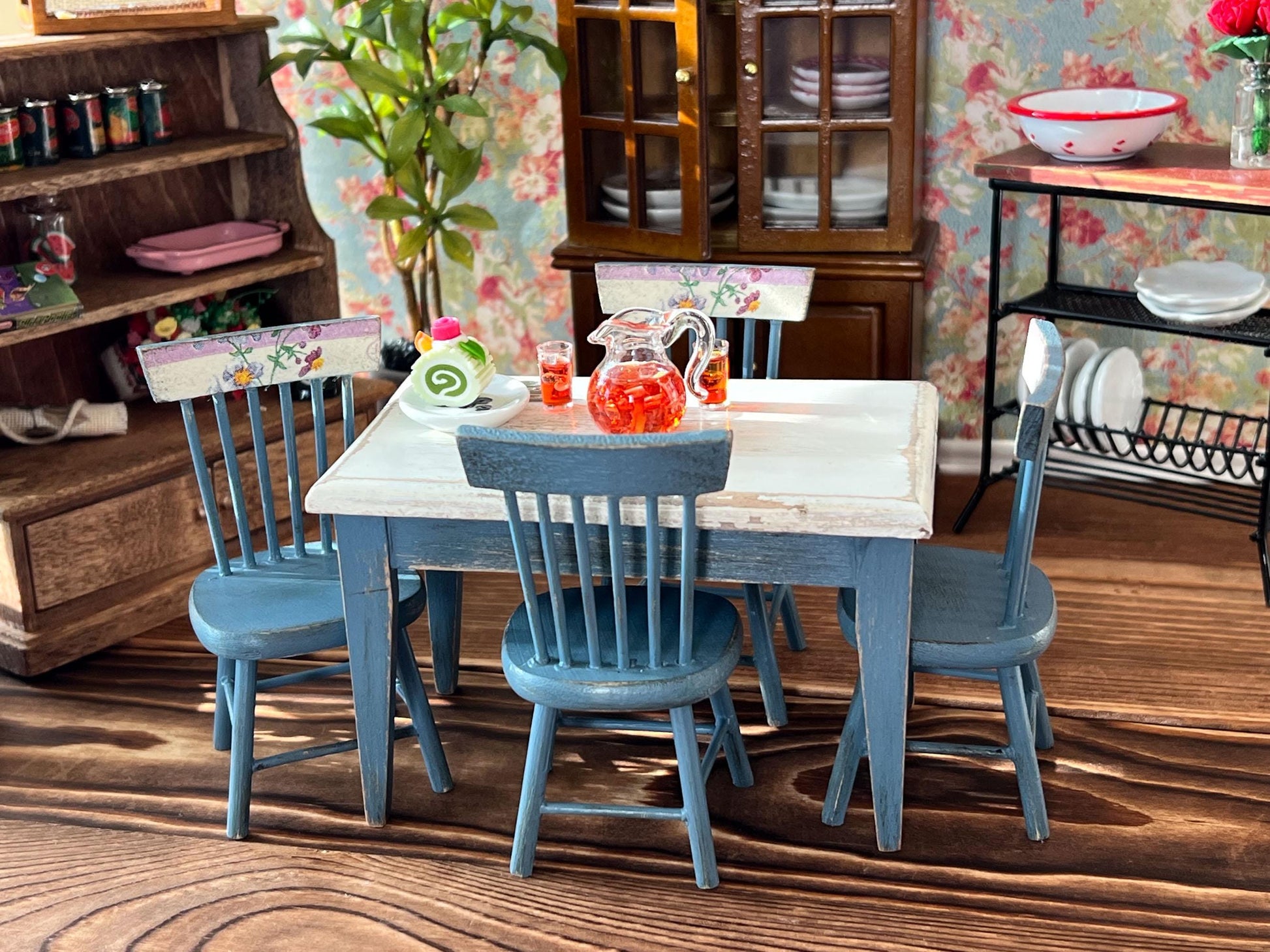 Miniature Dining Room Set 1:12 Scale - Dollhouse Furniture Blue Distress Table & Chairs __etsy:6827479308